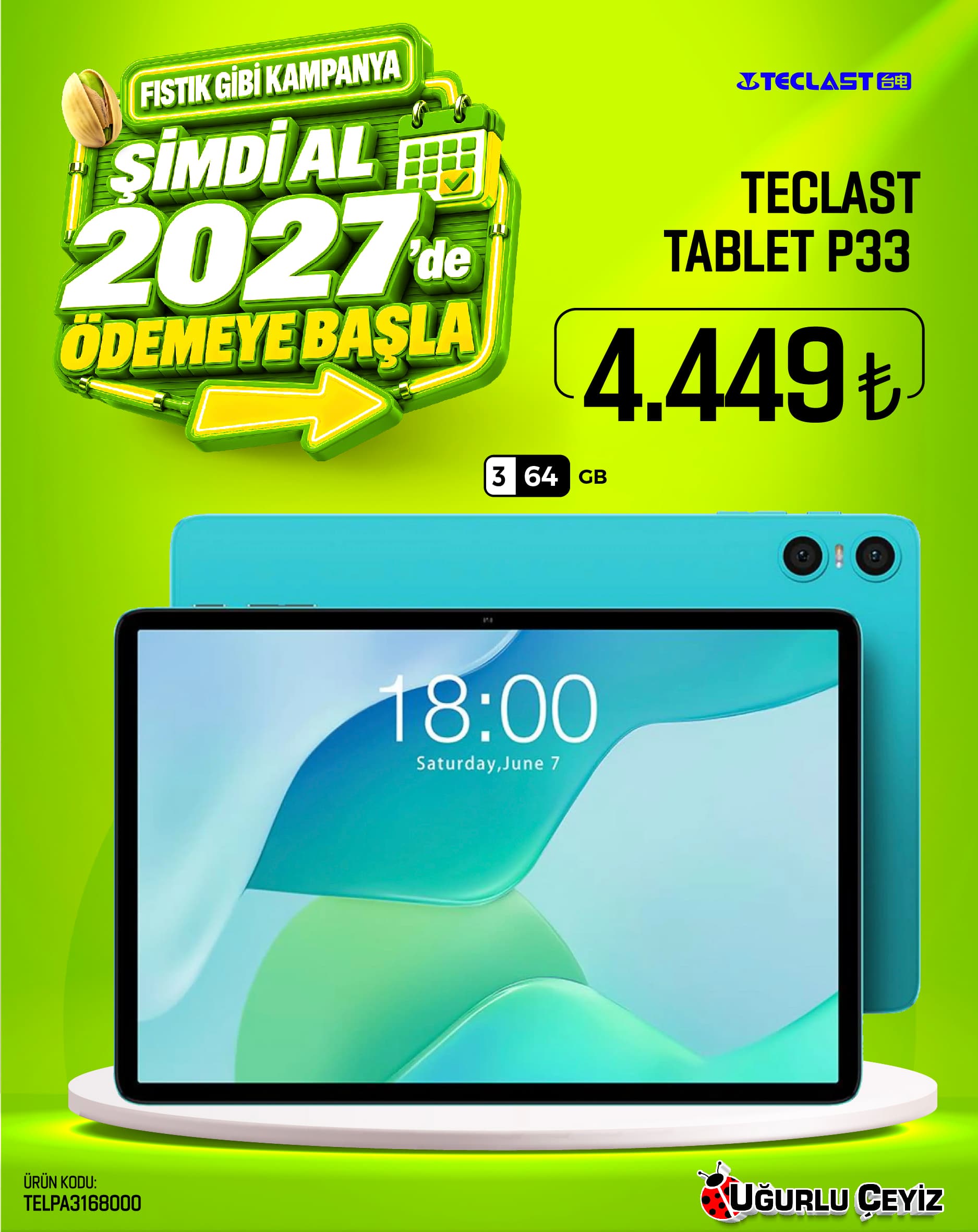 Teclast Tablet P33 Mavi 3/64 Gb