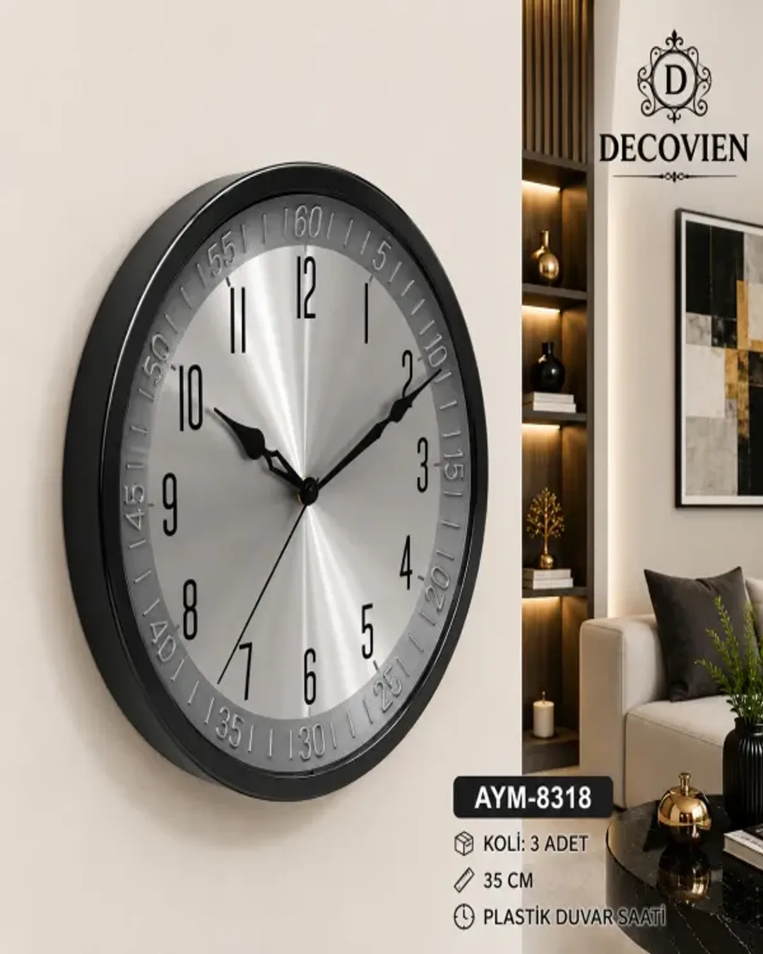 Aym Duvar Saati 35 Cm Black Silver Aym 8325 - 1. görsel