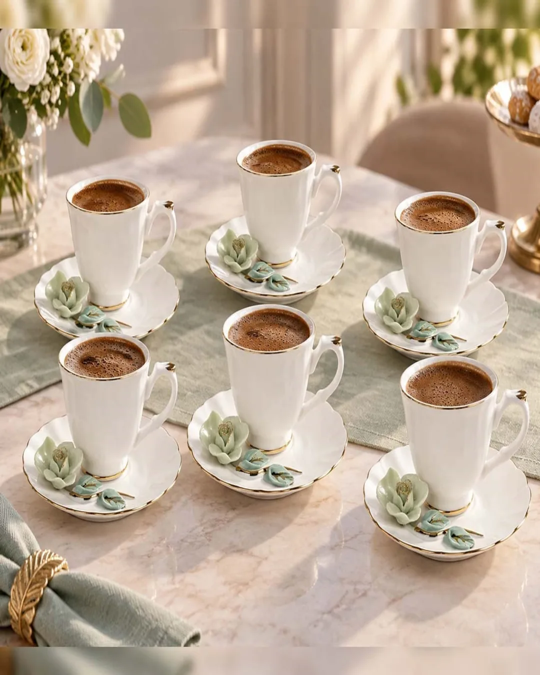Emsan Petal Luxe Gold Beyaz 6 Kişilik Kahve Fincanı Takımı